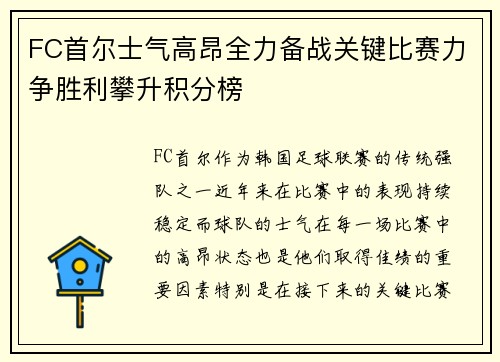 FC首尔士气高昂全力备战关键比赛力争胜利攀升积分榜