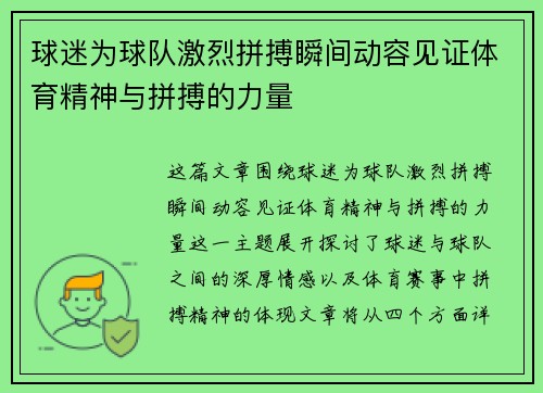 球迷为球队激烈拼搏瞬间动容见证体育精神与拼搏的力量