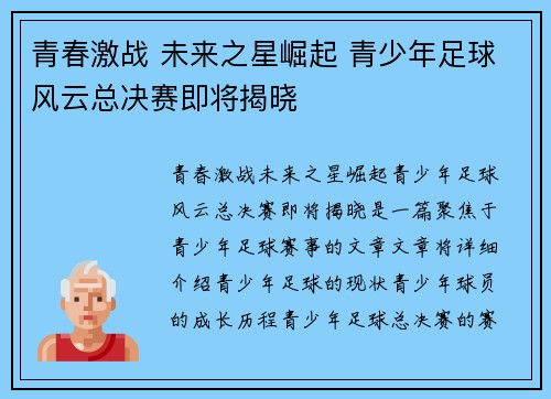 青春激战 未来之星崛起 青少年足球风云总决赛即将揭晓
